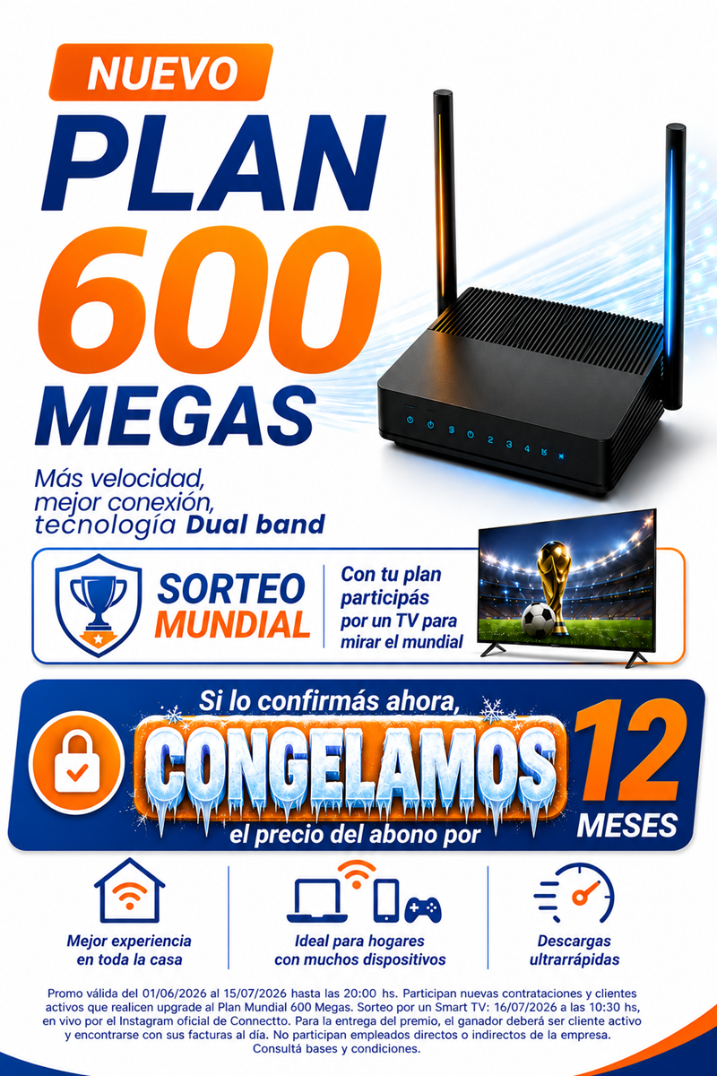 Nuevo Plan 600 Megas con módem WiFi 6, sorteo Mundial y precio congelado por 12 meses